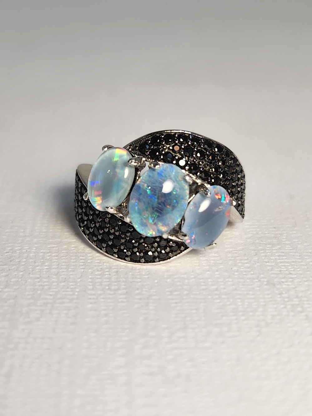NIB VTG 925 Natural Opal Triplet Stone Black Spinel Pave Accents Ring Sz 5 - Picture 9 of 14